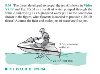 5.34 The thrust developed to propel the jet ski shown in Video
V9.12 and Fig. P5.34 is a result of water pumped through the
vehicle and exiting as a high-speed water jet. For the conditions
shown in the figure, what flowrate is needed to produce a 300-lb
thrust? Assume the inlet and outlet jets of water are free jets.
SEA-CRAFT
30-1
FIGURE P5.34
3.5-in.-diameter
outlet jet
-25-in.² inlet area