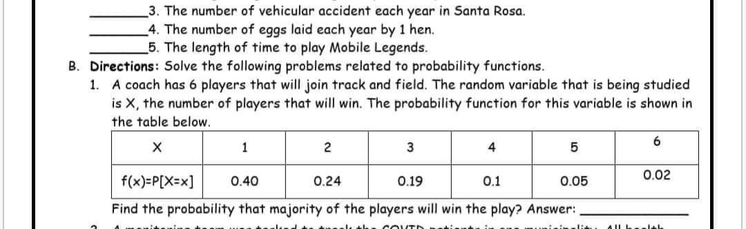 3. The number of vehicular accident each year in Santa Rosa.
4. The number of eggs laid each year by 1 hen.
5. The length of time to play Mobile Legends.
B. Directions: Solve the following problems related to probability functions.
1. A coach has 6 players that will join track and field. The random variable that is being studied
is X, the number of players that will win. The probability function for this variable is shown in
the table below.
6.
1
2
4
5
0.02
f(x)=P[X=x]
0.40
0.24
0.19
0.1
0.05
Find the probability that majority of the players will win the play? Answer:
COVTA
