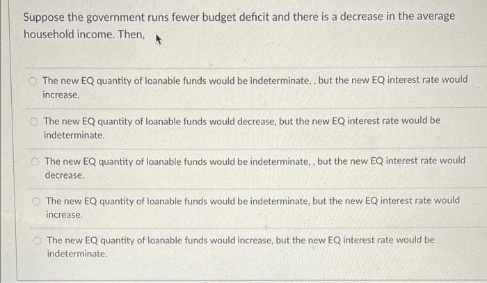 Suppose the government runs fewer budget deficit and there is a decrease in the average
household income. Then,
O The new EQ quantity of loanable funds would be indeterminate, , but the new EQ interest rate would
increase.
O The new EQ quantity of loanable funds would decrease, but the new EQ interest rate would be
indeterminate.
O The new EQ quantity of loanable funds would be indeterminate, , but the new EQ interest rate would
decrease.
The new EQ quantity of loanable funds would be indeterminate, but the new EQ interest rate would
increase.
The new EQ quantity of loanable funds would increase, but the new EQ interest rate would be
indeterminate.
