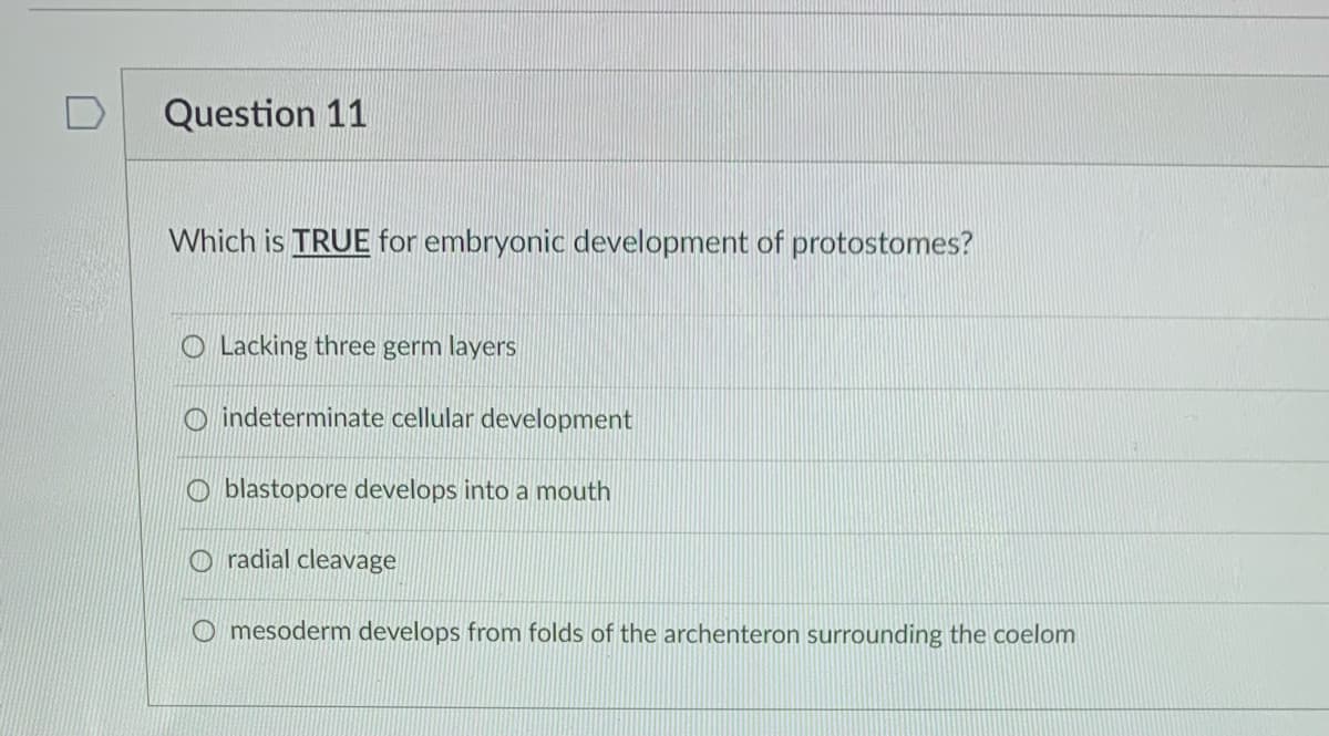 Question 11
Which is TRUE for embryonic development of protostomes?
O Lacking three germ layers
O indeterminate cellular development
O blastopore develops into a mouth
O radial cleavage
O mesoderm develops from folds of the archenteron surrounding the coelom

