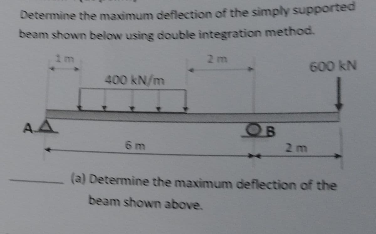 Determine the maximum deflection of the simply supported
beam shown below using double integration method.
AA
Im
2 m
400 kN/m
6 m
OB
2 m
600 kN
(a) Determine the maximum deflection of the
beam shown above.