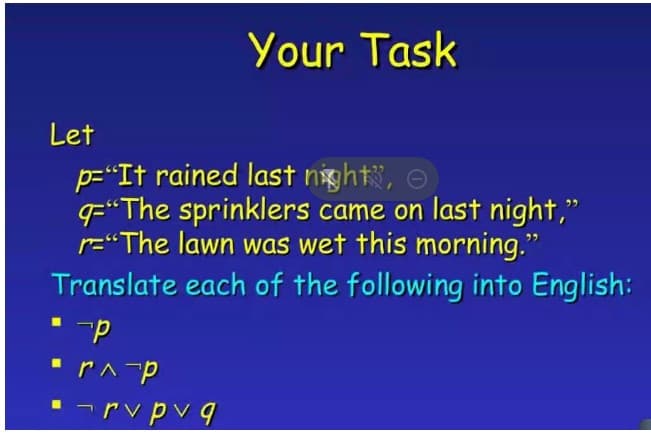 Your Task
Let
p="It rained last nightë, o
F*The sprinklers came on last night,"
r="The lawn was wet this morning."
Translate each of the following into English:
