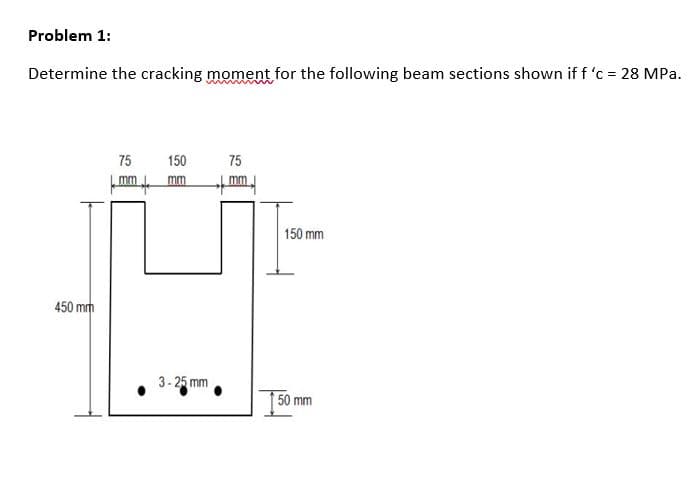 Problem 1:
Determine the cracking moment for the following beam sections shown if f 'c = 28 MPa.
450 mm
75
150
3-25 mm
75
150 mm
50 mm