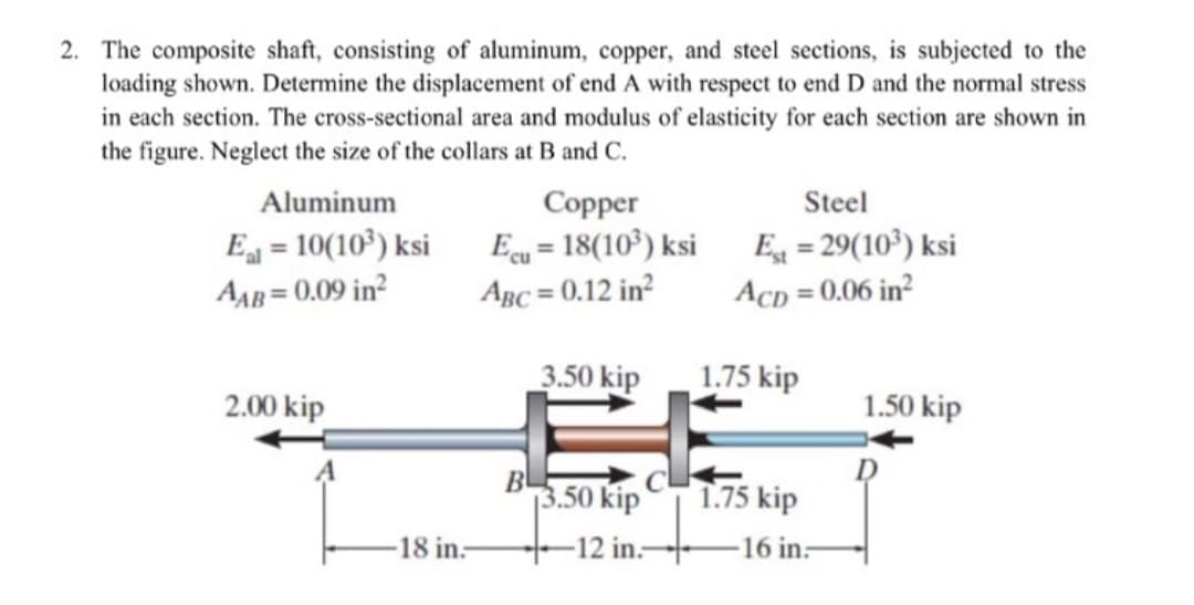 2. The composite shaft, consisting of aluminum, copper, and steel sections, is subjected to the
loading shown. Determine the displacement of end A with respect to end D and the normal stress
in each section. The cross-sectional area and modulus of elasticity for each section are shown in
the figure. Neglect the size of the collars at B and C.
Aluminum
El=10(10³) ksi
AAB=0.09 in²
2.00 kip
A
18 in.-
Copper
Ecu=18(10³) ksi
ABC = 0.12 in²
3.50 kip
3.50 kip
-12 in.
Steel
Est = 29(10³) ksi
ACD= 0.06 in²
1.75 kip
1.75 kip
16 in-
1.50 kip