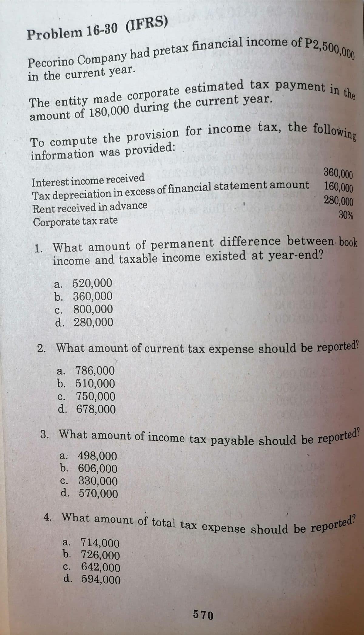 The entity made corporate estimated tax payment in the
To compute the provision for income tax, the following
Tax depreciation in excess of financial statement amount 160,000
Pecorino Company had pretax financial income of P2,500,000
3. What amount of income tax payable should be reported?
4. What amount of total tax expense should be reported?
Problem 16-30 (IFRS)
in the current year.
amount of 180,000 during the current year.
information was provided:
360,000
Interest income received
Tax depreciation in excess of financial statement amount
Rent received in advance
Corporate tax rate
280,000
30%
1. What amount of permanent difference between book
income and taxable income existed at year-end?
a. 520,000
b. 360,000
c. 800,000
d. 280,000
2. What amount of current tax expense should be reported?
a. 786,000
b. 510,000
c. 750,000
d. 678,000
000,00
a: 498,000
b. 606,000
c. 330,000
d. 570,000
4. What amount of total tax expense should be repor0
a. 714,000
b. 726,000
c. 642,000
d. 594,000
570
