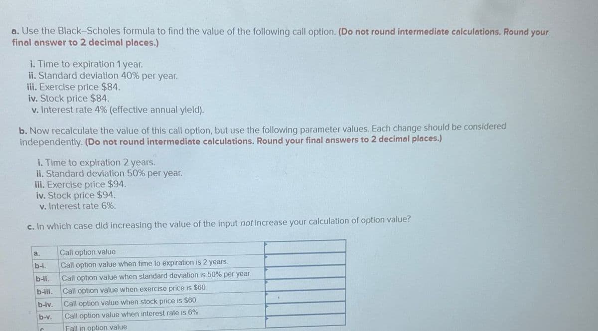 a. Use the Black-Scholes formula to find the value of the following call option. (Do not round intermediate calculations. Round your
final answer to 2 decimal places.)
i. Time to expiration 1 year.
ii. Standard deviation 40% per year.
iii. Exercise price $84.
iv. Stock price $84.
v. Interest rate 4% (effective annual yield).
b. Now recalculate the value of this call option, but use the following parameter values. Each change should be considered
independently. (Do not round intermediate calculations. Round your final answers to 2 decimal places.)
i. Time to expiration 2 years.
ii. Standard deviation 50% per year.
iii. Exercise price $94.
iv. Stock price $94.
v. Interest rate 6%.
c. In which case did increasing the value of the input not increase your calculation of option value?
a.
Call option value
b-i.
Call option value when time to expiration is 2 years.
b-ii.
Call option value when standard deviation is 50% per year.
b-iii.
Call option value when exercise price is $60.
b-iv.
b-v.
C
Call option value when stock price is $60
Call option value when interest rate is 6%.
Fall in option value