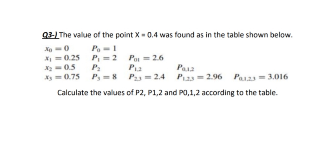 Q3-) The value of the point X = 0.4 was found as in the table shown below.
xo = 0
Po = 1
P = 2
P2
P3 = 8
x¡ = 0.25
Po1 = 2.6
P12
P23 = 2.4
x2 = 0.5
Po1.2
P123 = 2.96 Po1.23 = 3.016
X3 = (0.75
Calculate the values of P2, P1,2 and PO,1,2 according to the table.
