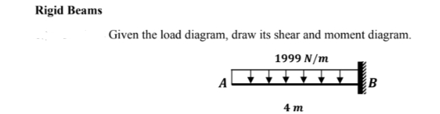 Rigid Beams
Given the load diagram, draw its shear and moment diagram.
1999 N/m
A
4m
B