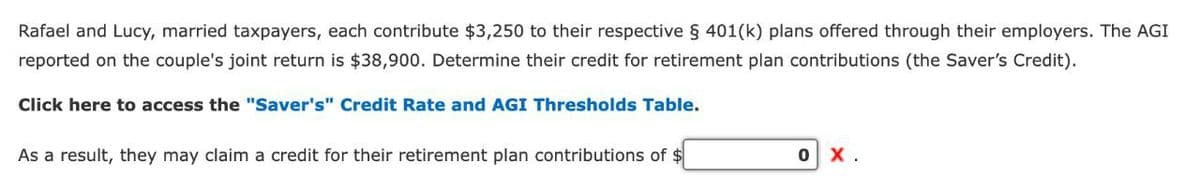 Rafael and Lucy, married taxpayers, each contribute $3,250 to their respective § 401(k) plans offered through their employers. The AGI
reported on the couple's joint return is $38,900. Determine their credit for retirement plan contributions (the Saver's Credit).
Click here to access the "Saver's" Credit Rate and AGI Thresholds Table.
As a result, they may claim a credit for their retirement plan contributions of $
0 X.
