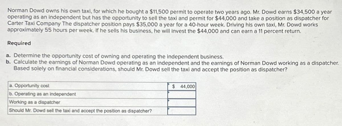 Norman Dowd owns his own taxi, for which he bought a $11,500 permit to operate two years ago. Mr. Dowd earns $34,500 a year
operating as an independent but has the opportunity to sell the taxi and permit for $44,000 and take a position as dispatcher for
Carter Taxi Company The dispatcher position pays $35,000 a year for a 40-hour week. Driving his own taxi, Mr. Dowd works
approximately 55 hours per week. If he sells his business, he will invest the $44,000 and can earn a 11 percent return.
Required
a. Determine the opportunity cost of owning and operating the independent business.
b. Calculate the earnings of Norman Dowd operating as an independent and the earnings of Norman Dowd working as a dispatcher.
Based solely on financial considerations, should Mr. Dowd sell the taxi and accept the position as dispatcher?
a. Opportunity cost
b. Operating as an independent
Working as a dispatcher
Should Mr. Dowd sell the taxi and accept the position as dispatcher?
$ 44,000