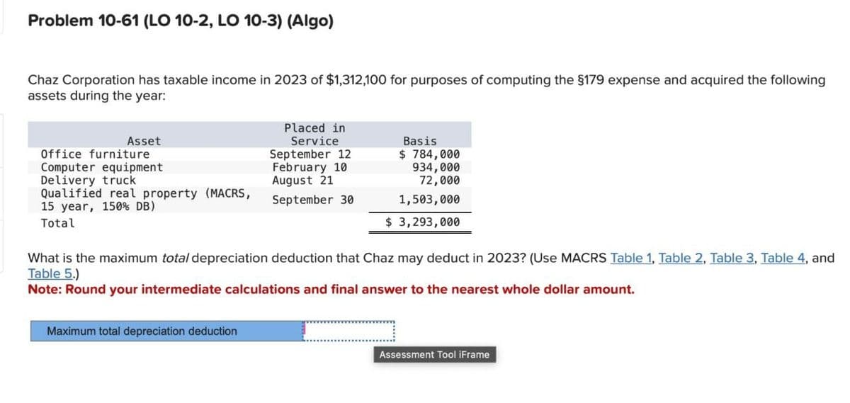 Problem 10-61 (LO 10-2, LO 10-3) (Algo)
I
Chaz Corporation has taxable income in 2023 of $1,312,100 for purposes of computing the $179 expense and acquired the following
assets during the year:
Asset
Office furniture
Computer equipment
Delivery truck
Qualified real property (MACRS,
15 year, 150% DB)
Total
Placed in
Service
September 12
February 10
August 21
Basis
$ 784,000
934,000
72,000
September 30
1,503,000
$ 3,293,000
What is the maximum total depreciation deduction that Chaz may deduct in 2023? (Use MACRS Table 1, Table 2. Table 3. Table 4, and
Table 5.)
Note: Round your intermediate calculations and final answer to the nearest whole dollar amount.
Maximum total depreciation deduction
Assessment Tool iFrame