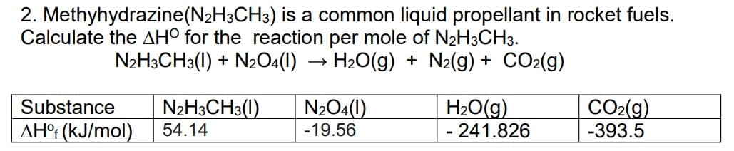 2. Methyhydrazine(N₂H3CH3) is a common liquid propellant in rocket fuels.
Calculate the AHO for the reaction per mole of N₂H3CH3.
N2H3CH3(1) + N₂O4(1) > H₂O(g) + N2(g) + CO₂(g)
Substance
N2H3CH3(1)
N₂O4(1)
-19.56
H₂O(g)
CO₂(g)
-393.5
AHºf (kJ/mol)
54.14
- 241.826