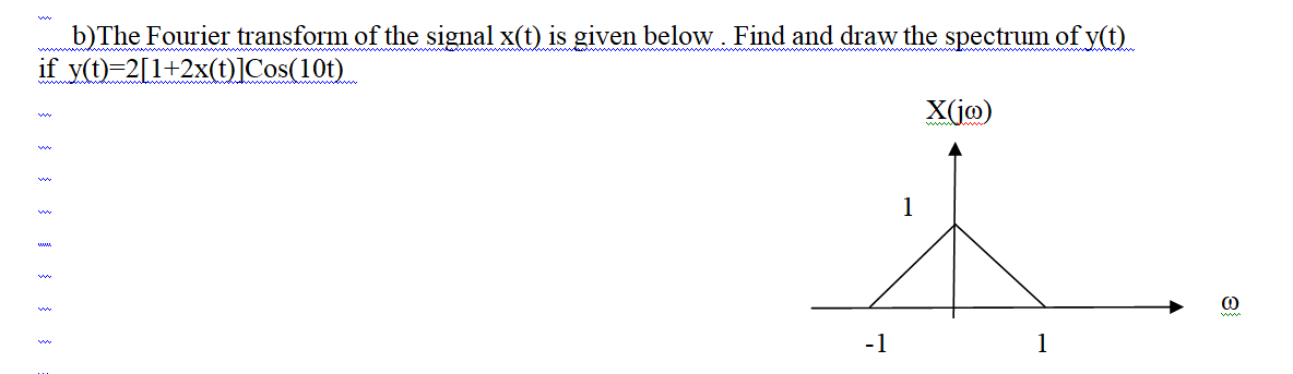 b)The Fourier transform of the signal x(t) is given below . Find and draw the spectrum of y(t)
if y(t)=2[1+2x(t)]Cos(10t)
www
X(j@)
1
ww
-1
1
