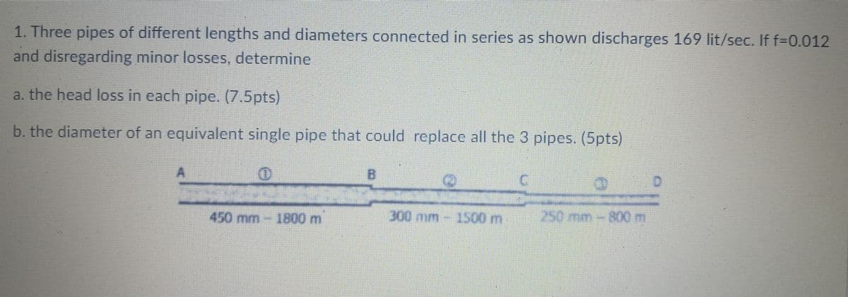 1. Three pipes of different lengths and diameters connected in series as shown discharges 169 lit/sec. If f-0.012
and disregarding minor losses, determine
a. the head loss in each pipe. (7.5pts)
b. the diameter of an equivalent single pipe that could replace all the 3 pipes. (5pts)
300 mm
1500 m
250mm-800m
450mm-1800 m
