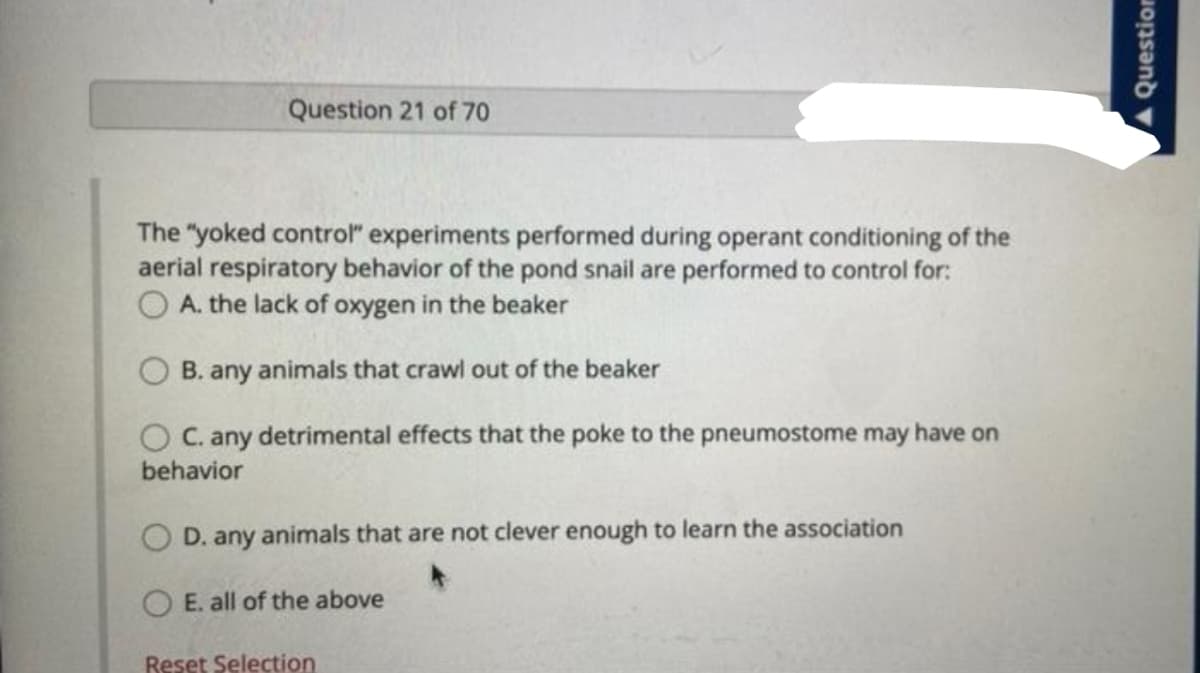 Question 21 of 70
The "yoked control" experiments performed during operant conditioning of the
aerial respiratory behavior of the pond snail are performed to control for:
A. the lack of oxygen in the beaker
B. any animals that crawl out of the beaker
O C. any detrimental effects that the poke to the pneumostome may have on
behavior
O D. any animals that are not clever enough to learn the association
O E. all of the above
Reset Selection
A Question
