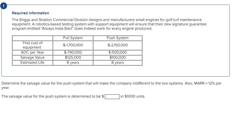 Required information
The Briggs and Stratton Commercial Division designs and manufacturers small engines for golf turf maintenance
equipment. A robotics-based testing system with support equipment will ensure that their new signature guarantee
program entitled "Always Insta-Start" does indeed work for every engine produced.
Push System
$-2,150,000
$-500,000
$100,000
8 years
First cost of
equipment
AOC per Year
Salvage Value
Estimated Life
Pull System
$-1,700,000
$-740,000
$125.000
8 years
Determine the salvage value for the push system that will make the company indifferent to the two systems. Also, MARR = 12% per
year.
The salvage value for the push system is determined to be $
in $1000 units.