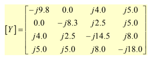 [-j9.8
0.0
j4.0
j5.0
0.0
[Y] =
j4.0
- j8.3
j2.5 - j14.5
j8.0 - j18.0]
j2.5
j5.0
j8.0
j5.0
j5.0
