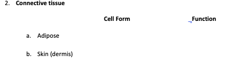 2. Connective tissue
Cell Form
_Function
a. Adipose
b. Skin (dermis)
