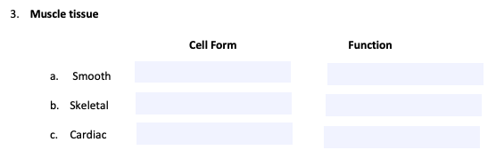 3. Muscle tissue
Cell Form
Function
a. Smooth
b. Skeletal
C.
Cardiac
