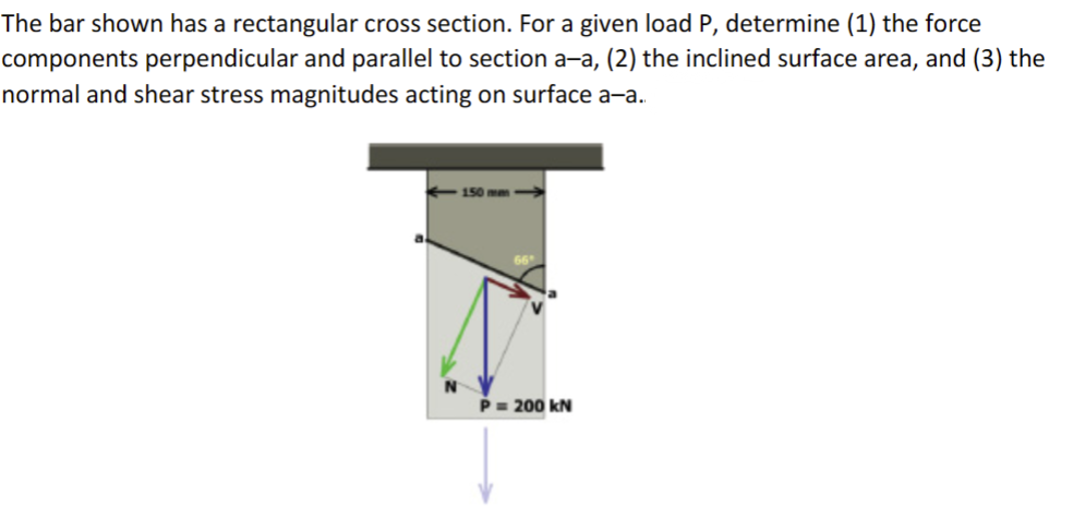 The bar shown has a rectangular cross section. For a given load P, determine (1) the force
components perpendicular and parallel to section a-a, (2) the inclined surface area, and (3) the
normal and shear stress magnitudes acting on surface a-a..
P = 200 KN
