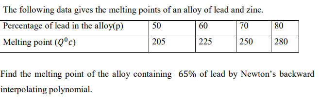 The following data gives the melting points of an alloy of lead and zinc.
Percentage of lead in the alloy(p)
50
60
70
80
Melting point (Q°c)
205
225
250
280
Find the melting point of the alloy containing 65% of lead by Newton's backward
interpolating polynomial.
