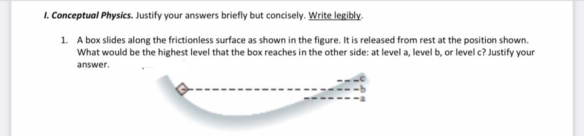 I. Conceptual Physics. Justify your answers briefly but concisely. Write legibly.
1. A box slides along the frictionless surface as shown in the figure. It is released from rest at the position shown.
What would be the highest level that the box reaches in the other side: at level a, level b, or level c? Justify your
answer.
