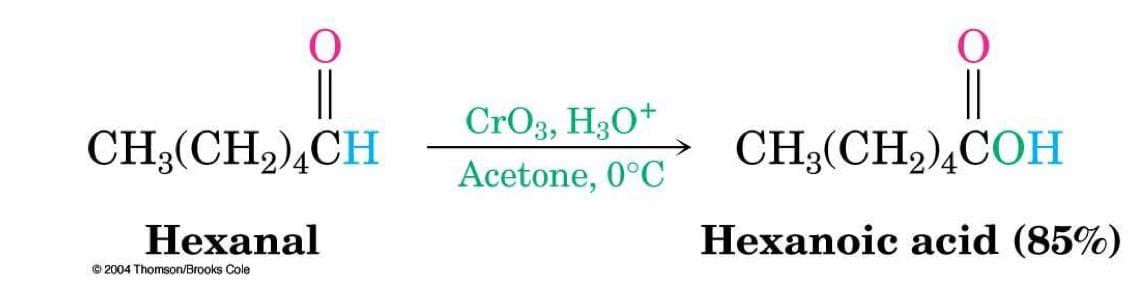 CrO3, H30+
CH3(CH2),CH
CH3(CH,),COH
Acetone, 0°C
Hexanal
Hexanoic acid (85%)
© 2004 Thomson/Brooks Cole
