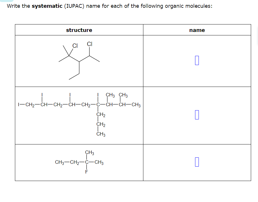 Write the systematic (IUPAC) name for each of the following organic molecules:
structure
1-CH₂-CH-CH₂-
CI
CI
I-CH₂-CH-CH₂-CH-CH₂-C-CH-CH-CH3
CH3
CH3 CH3
CH₂
CH₂
T
CH3
CH3-CH₂-C-CH3
name
0
0
П