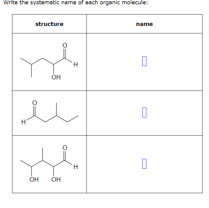 Write the systematic name of each organic molecule:
structure
п
ОН
H
H
не
H
ОН
ОН
name
0
0
О