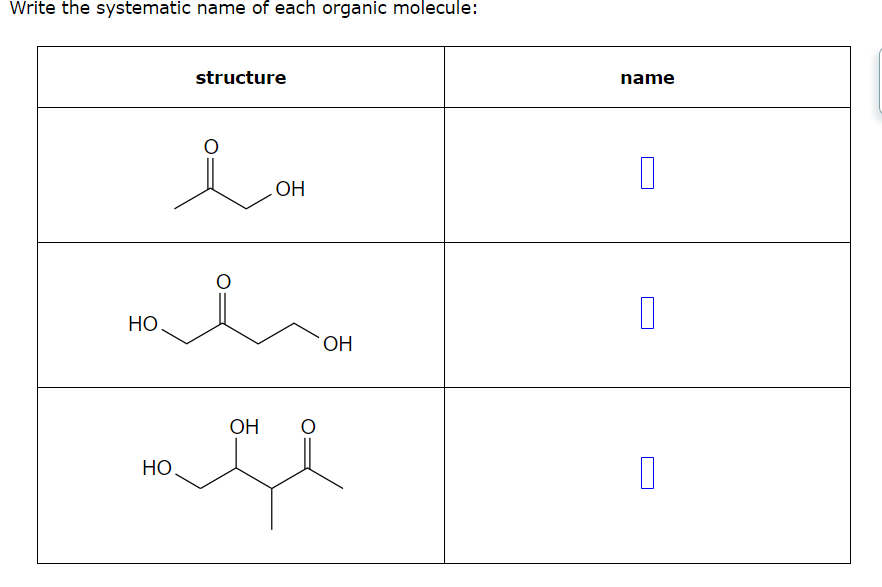 Write the systematic name of each organic molecule:
НО.
structure
OH
ОН
age
name
О
||
0