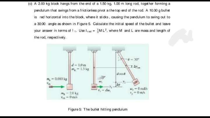 (c) A 2.00 kg block hangs from the end of a 1.50 kg, 1.00 m long rod, togat her forming a
pendulum that swings from a fridionless pivot a the top end of the rod. A 10.00 g bullet
is red horizontal into the block, where it sticks, causing the pendulum to swing out to
a 30:00 angle as shown in Figure 5. Calaulate the initial speed of the bullet and leave
your answer in terms of ! 1. Use Irod = ML?, where M and L are mass and length of
%3D
the rod, respectively.
e= 30°
d- 1.0 m
m - 1.5 kg
dcose
m, - 0.010 kg
TAy
-da
w, - O rad/s
= 0 m/s
m, = 2.0 kg
Ve - 0 m/s
Figure 5: The bullet hitting pendulum
