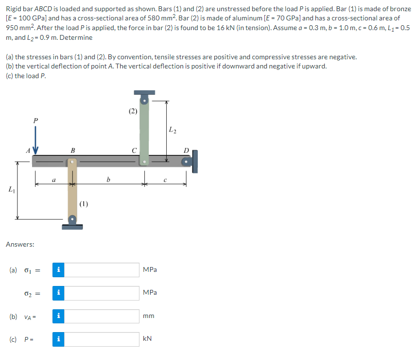 Rigid bar ABCD is loaded and supported as shown. Bars (1) and (2) are unstressed before the load P is applied. Bar (1) is made of bronze
[E = 100 GPa] and has a cross-sectional area of 580 mm². Bar (2) is made of aluminum [E = 70 GPa) and has a cross-sectional area of
950 mm². After the load P is applied, the force in bar (2) is found to be 16 kN (in tension). Assume a = 0.3 m, b = 1.0 m, c = 0.6 m, L₁= 0.5
m, and L₂ = 0.9 m. Determine
(a) the stresses in bars (1) and (2). By convention, tensile stresses are positive and compressive stresses are negative.
(b) the vertical deflection of point A. The vertical deflection is positive if downward and negative if upward.
(c) the load P.
L
Answers:
(a) σ₁ =
02 =
(b) VA=
(c) P=
Mi
i
Mi
Mi
B
(1)
d
b
2
MPa
MPa
mm
kN
С
L2