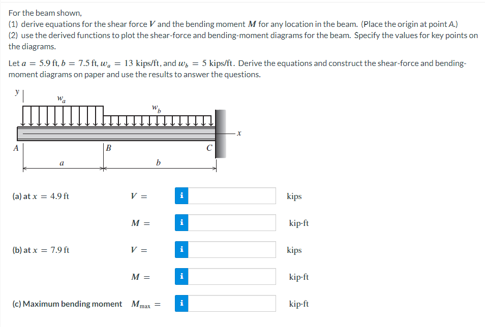 For the beam shown,
(1) derive equations for the shear force V and the bending moment M for any location in the beam. (Place the origin at point A.)
(2) use the derived functions to plot the shear-force and bending-moment diagrams for the beam. Specify the values for key points on
the diagrams.
Let a = 5.9 ft, b = 7.5 ft, wa = 13 kips/ft, and w, = 5 kips/ft. Derive the equations and construct the shear-force and bending-
moment diagrams on paper and use the results to answer the questions.
Y ||
A
Wa
a
(a) at x = 4.9 ft
(b) at x = 7.9 ft
B
V =
M =
V =
M =
Wb
b
(c) Maximum bending moment Mmax =
i
i
с
·X
kips
kip-ft
kips
kip-ft
kip-ft