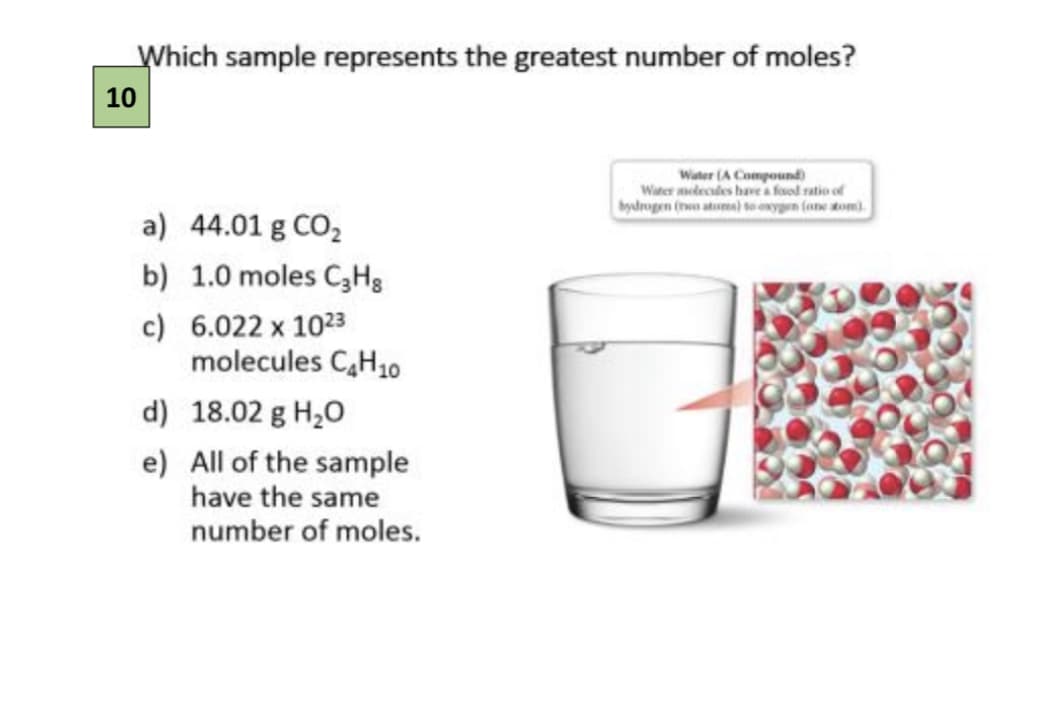 Which sample represents the greatest number of moles?
10
Water (A Compound)
Water medecdes havea food ratio of
bydrogen (eo atoma) te exypn (ane aom)
a) 44.01 g CO2
b) 1.0 moles C3Hs
c) 6.022 x 1023
molecules C,H10
d) 18.02 g H,0
e) All of the sample
have the same
number of moles.
