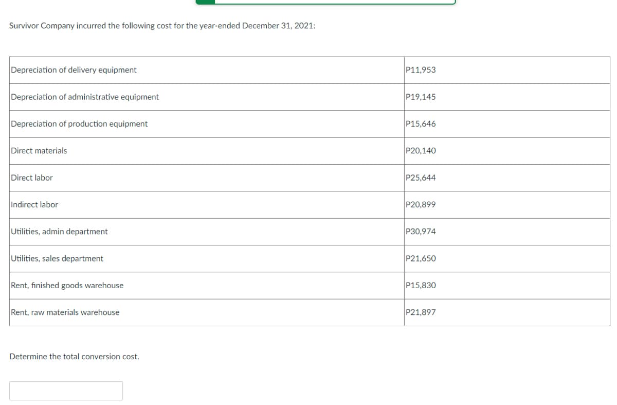 Survivor Company incurred the following cost for the year-ended December 31, 2021:
Depreciation of delivery equipment
Depreciation of administrative equipment
Depreciation of production equipment
Direct materials
Direct labor
Indirect labor
Utilities, admin department
Utilities, sales department
Rent, finished goods warehouse
Rent, raw materials warehouse
Determine the total conversion cost.
P11,953
P19,145
P15,646
P20,140
P25,644
P20,899
P30,974
P21,650
P15,830
P21,897