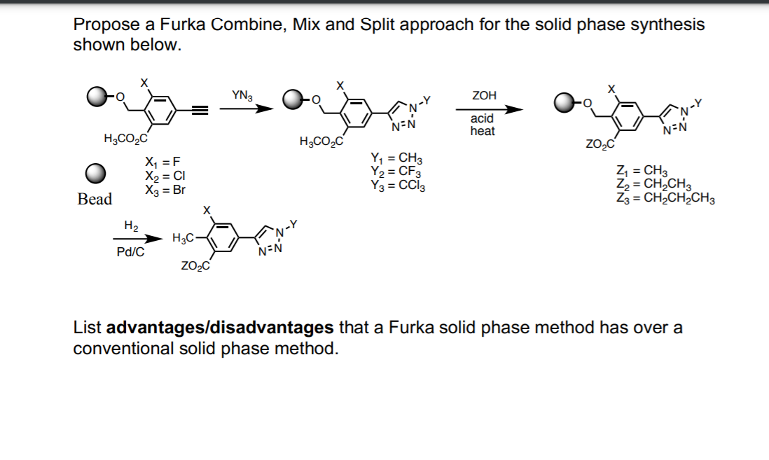 Propose a Furka Combine, Mix and Split approach for the solid phase synthesis
shown below.
YN3
ZOH
N=N
acid
heat
N=N
H3CO2C
H3CO2C
ZO,C
X, = F
X2 = CI
X3 = Br
Y, = CH3
Y = CF3
Y3 = CCI3
Z = CH3
Z = CH,CH3
Z3 = CH,CH,CH3
Bead
H2
H3C-
Pd/C
N=N
ZO2C
List advantages/disadvantages that a Furka solid phase method has over a
conventional solid phase method.
