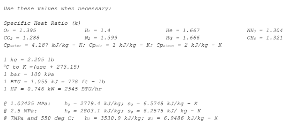 Use these values when necessary:
Specific Heat Ratio (k)
O2 - 1.395
CO2 - 1.288
Cpwater - 4.187 kJ/kg - K; Cpair - 1 kJ/kg - K; Cpateam - 2 kJ/kg - K
H> - 1.4
He - 1.667
NHа - 1.304
N2 - 1.399
Hg - 1.666
CH, - 1.321
1 kg
°C to K - (use + 273.15)
1 bar = 100 kPa
1 BTU = 1.055 kJ = 778 ft - lb
1 HP =
2.205 lb
0.746 kW = 2545 BTU/hr
@ 1.03425 MPa:
@ 2.5 MPa:
@ 7MPA and 550 deg C:
hg =
2779.4 kJ/kg; S, = 6.5748 kJ/kg - K
2803.1 kJ/kg; Sg
%3D
ha
6.2575 kJ/ kg - K
%3D
h, =
3530.9 kJ/kg; si = 6.9486 kJ/kg - K
