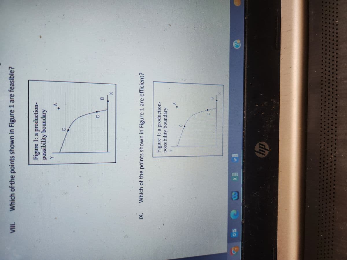 VIII.
Which of the points shown in Figure 1 are feasible?
Figure 1: a production-
possibility boundary
CD
Y
Which of the points shown in Figure 1 are efficient?
* w
Figure 1: a production-
possibility boundary
hp
B
U
X
TO