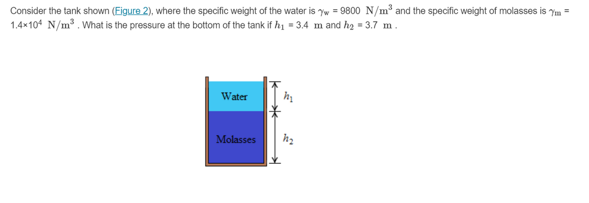 Consider the tank shown (Figure 2), where the specific weight of the water is yw = 9800 N/m³ and the specific weight of molasses is ym =
1.4x104 N/m³. What is the pressure at the bottom of the tank if h1 = 3.4 m and h2 = 3.7 m.
Water
h2
Molasses
