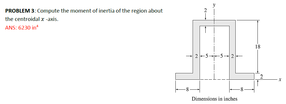 PROBLEM 3: Compute the moment of inertia of the region about
the centroidal x-axis.
ANS: 6230 in
Dimensions in inches
18
2
X