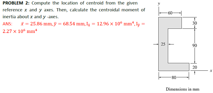 PROBLEM 2: Compute the location of centroid from the given
reference x and y axes. Then, calculate the centroidal moment of
inertia about x and y-axes.
ANS:
x = 25.86 mm, y = 68.54 mm, I¸ = 12.96 × 106 mm², Iy =
2.27 × 106 mm²
-60-
30
25
90
-80-
20
20
Dimensions in mm
x