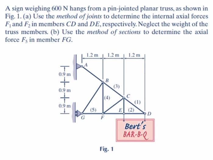 A sign weighing 600 N hangs from a pin-jointed planar truss, as shown in
Fig. 1. (a) Use the method of joints to determine the internal axial forces
F, and F, in members CD and DE, respectively. Neglect the weight of the
truss members. (b) Use the method of sections to determine the axial
force Fs in member FG.
1.2 m
1.2 m
1.2 m
0.9 m
(3)
0.9 m
(4)
(1)
0.9 m
(5)
E
D
Bert's
BAR-B-Q
Fig. 1
