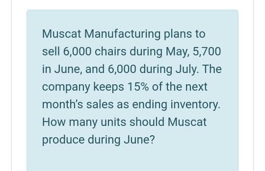 Muscat Manufacturing plans to
sell 6,000 chairs during May, 5,700
in June, and 6,000 during July. The
company keeps 15% of the next
month's sales as ending inventory.
How many units should Muscat
produce during June?
