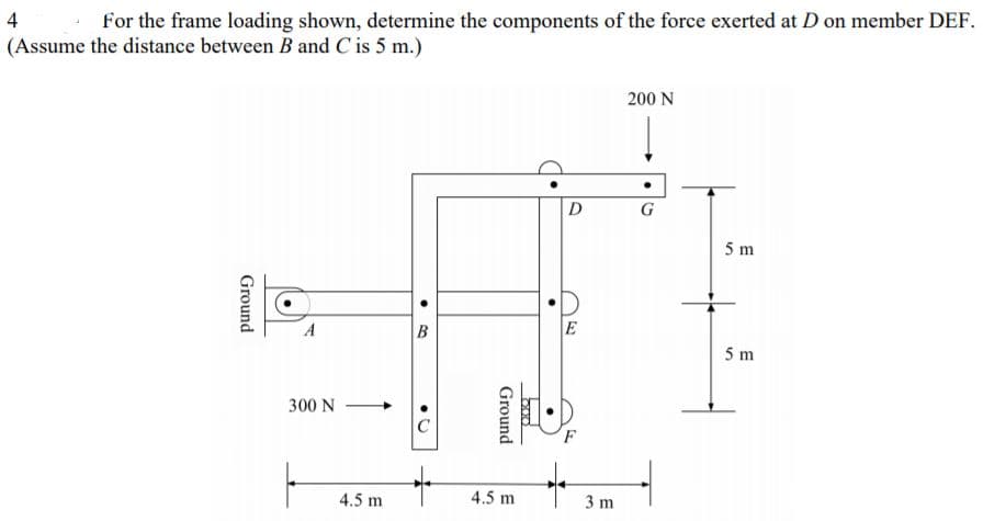 4
for the frame loading shown, determine the components of the force exerted at D on member DEF.
(Assume the distance between B and C is 5 m.)
200 N
D
G
5 m
A
E
5 m
300 N
F
4.5 m
4.5 m
3 m
ound
Ground
