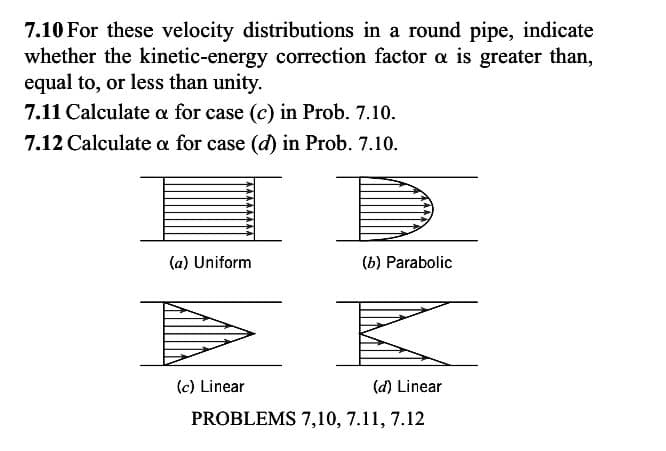 7.10 For these velocity distributions in a round pipe, indicate
whether the kinetic-energy correction factor a is greater than,
equal to, or less than unity.
7.11 Calculate a for case (c) in Prob. 7.10.
7.12 Calculate a for case (d) in Prob. 7.10.
I
(a) Uniform
(b) Parabolic
(c) Linear
(d) Linear
PROBLEMS 7,10, 7.11, 7.12