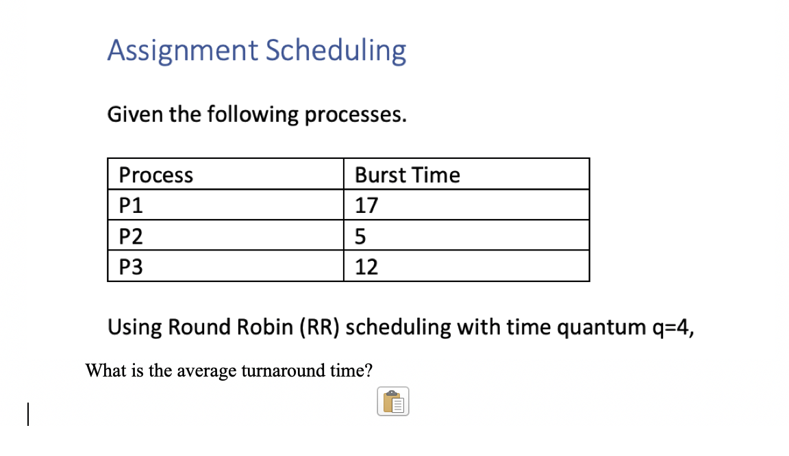 Assignment Scheduling
Given the following processes.
Process
Burst Time
P1
17
P2
5
P3
12
Using Round Robin (RR) scheduling with time quantum q=4,
What is the average turnaround time?
