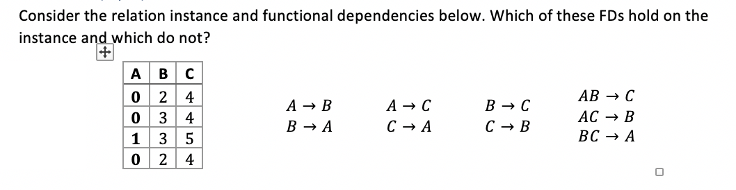 Consider the relation instance and functional dependencies below. Which of these FDs hold on the
instance and which do not?
A BC
2
4
АВ — С
A → B
A → C
В > с
АС — В
ВС — А
3
4
В > А
C → A
C → B
1
3
5
2 4
