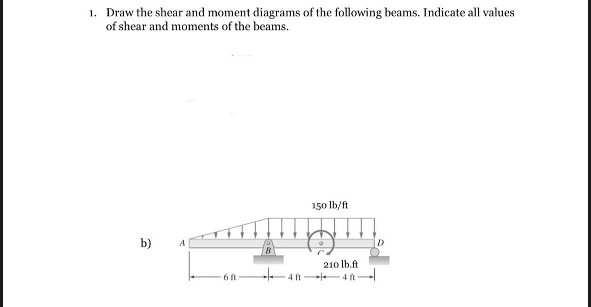 1. Draw the shear and moment diagrams of the following beams. Indicate all values
of shear and moments of the beams.
b)
A
6 ft
B
150 lb/ft
210 lb.ft
4 ft 4 ft