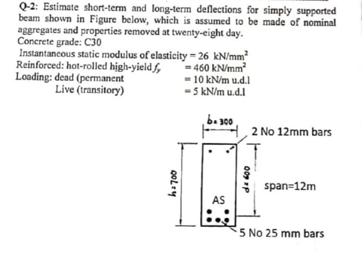 Q-2: Estimate short-term and long-term deflections for simply supported
beam shown in Figure below, which is assumed to be made of nominal
aggregates and properties removed at twenty-eight day.
Concrete grade: C30
Instantaneous static modulus of elasticity = 26 kN/mm²
Reinforced: hot-rolled high-yield fy
= 460 kN/mm²
= 10 kN/m u.d.l
= 5 kN/m u.d.l
Loading: dead (permanent
Live (transitory)
h=700
b=300
AS
009 =P
2 No 12mm bars
span=12m
5 No 25 mm bars