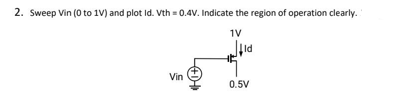 2. Sweep Vin (0 to 1V) and plot Id. Vth = 0.4V. Indicate the region of operation clearly.
1V
Vin
+HI
HE
Lld
0.5V